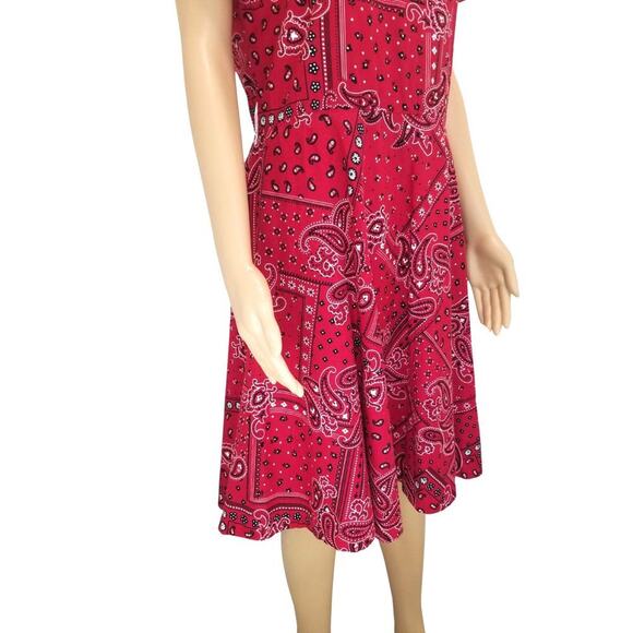 80s Midi Red Kerchief Print Dress Button Short Sleeve Crew Neck VINTAGE Size XL - Picture 7 of 8